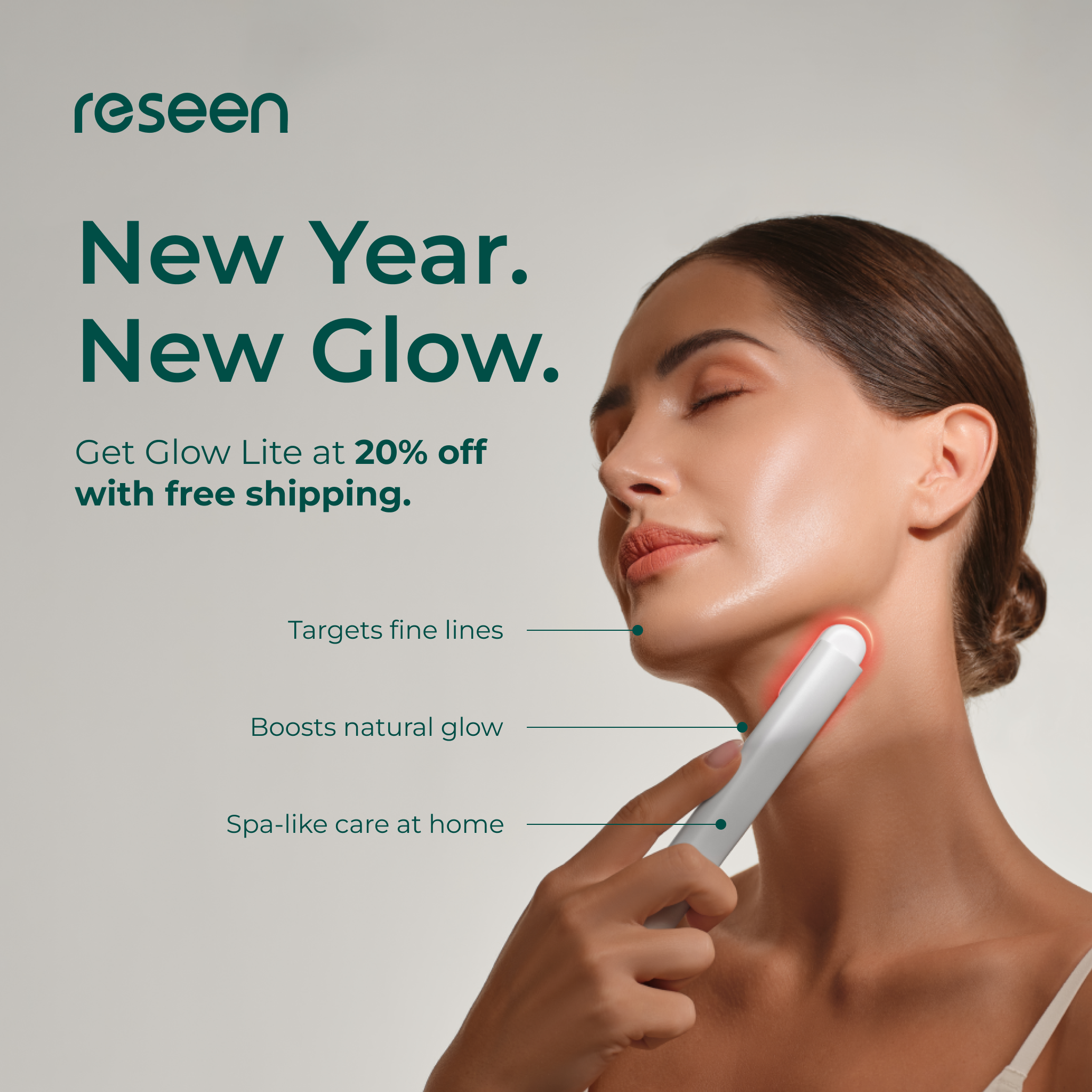 Beauty tech static ad creative — product-focused layout with hook text overlay